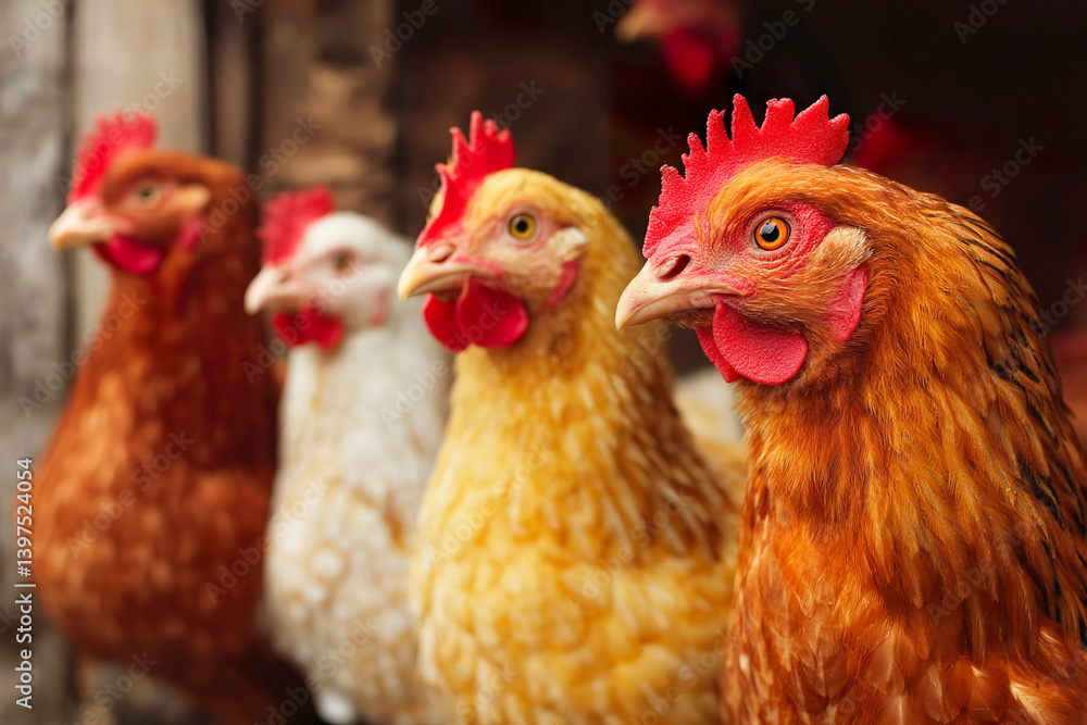 Fototapeta premium Four village chickens stand in a row, the very first one in focus.