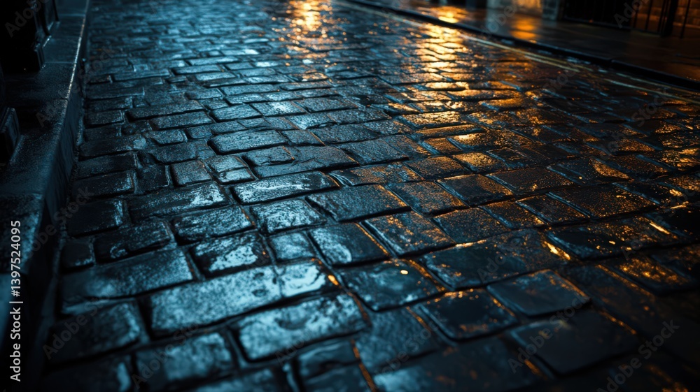 Wet Cobblestone Street at Night Reflecting City Lights