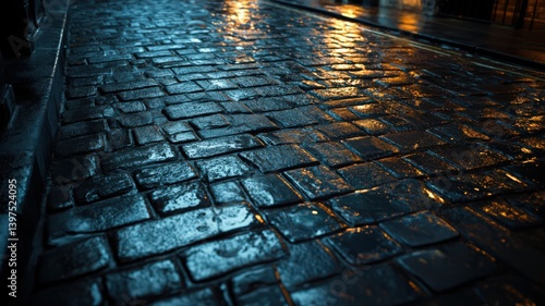 Obraz na płótnie Wet Cobblestone Street at Night Reflecting City Lights w salonie