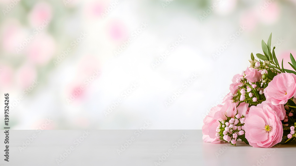 Obraz premium Beautiful bouquet of pink flowers arranged elegantly on a table with a soft blurred background showcasing a romantic atmosphere floral decoration concept