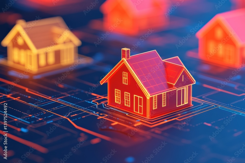 Glowing 3d house representing online real estate market and homeownership trends Glowing 3d house representing online real estate market and homeownership trends