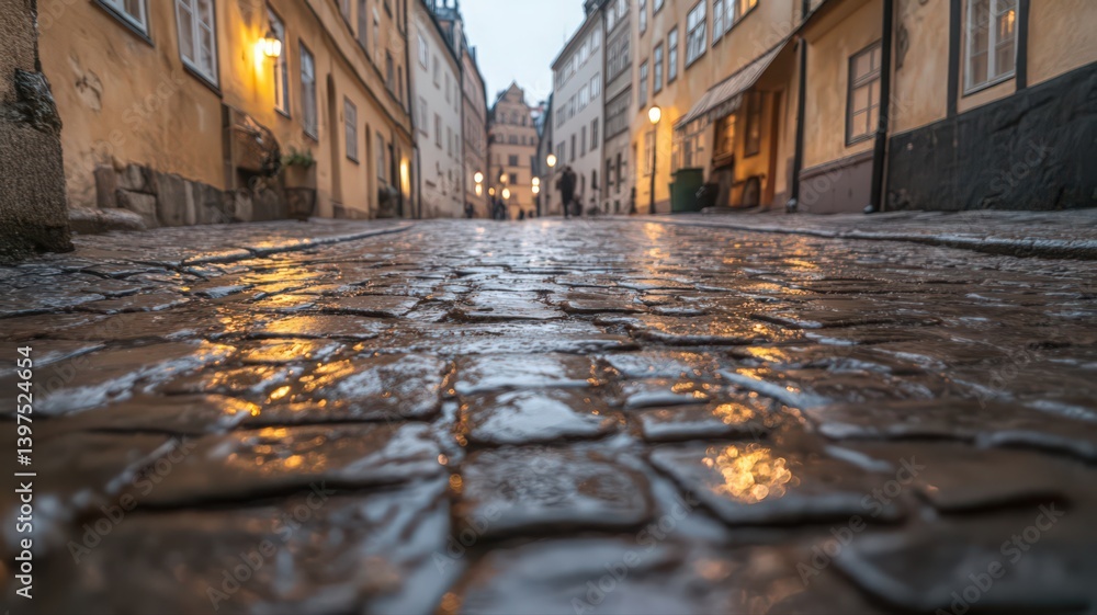 Wet Cobblestone Street at Twilight Reflecting Warm Light