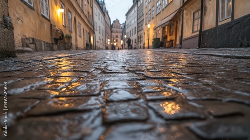 Wet Cobblestone Street at Twilight Reflecting Warm Light