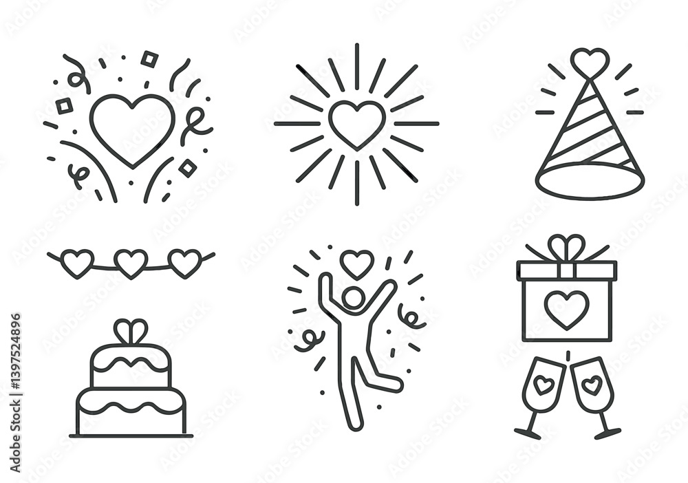 Fototapeta premium Celebration and romance icon set: love, party, and festive elements in linear style