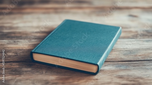 Closed hardcover book lying on rustic wooden table