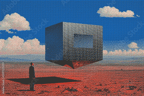 Surreal landscape with a floating cube in a desert setting