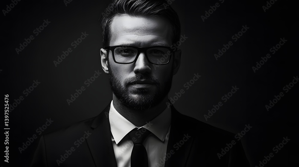 Professional man in formal attire with glasses against dark backdrop Professional man in formal attire with glasses against dark backdrop