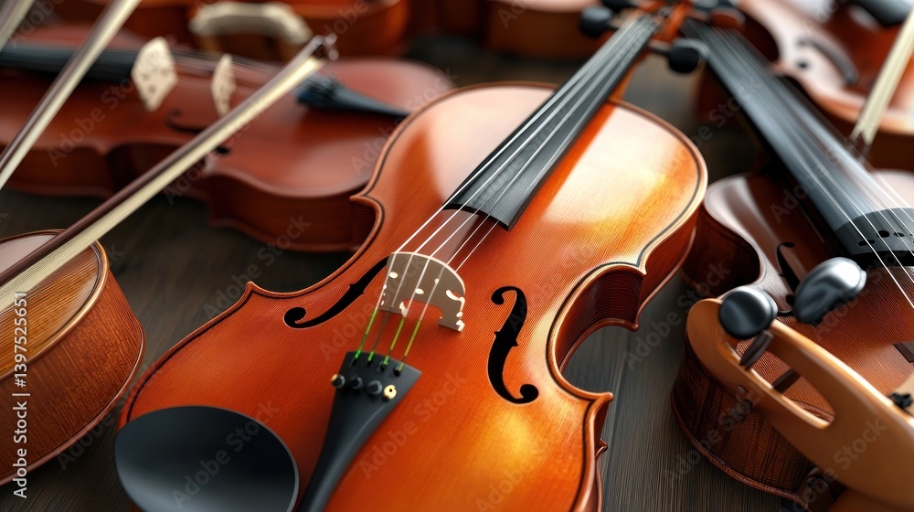 Fototapeta premium Wooden violins on dark wood background