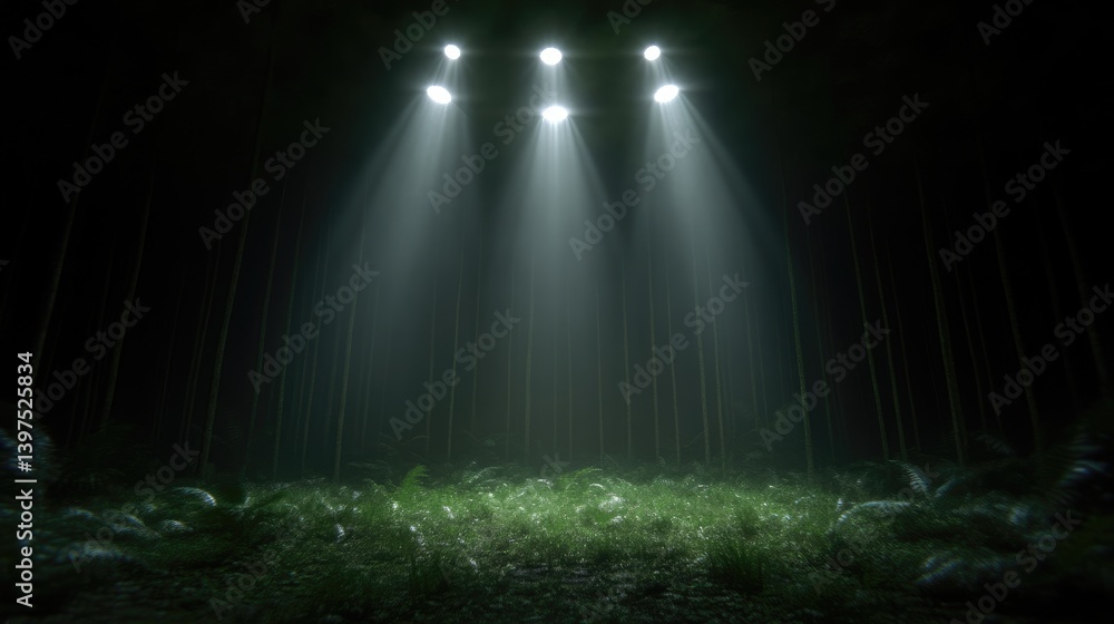 Mysterious forest illuminated by bright lights Mysterious forest illuminated by bright lights