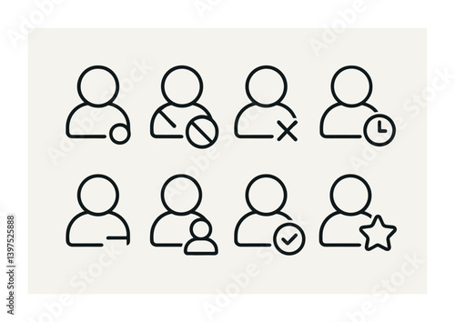 User management linear icon set: notifications, access, preferences, status, profile