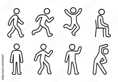 Linear icons set depicting various human activities and gestures in simple outlines