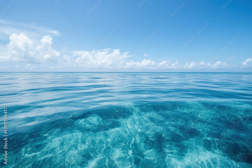 Tranquil turquoise ocean under a clear blue sky with fluffy clouds near the shore Tranquil turquoise ocean under a clear blue sky with fluffy clouds near the shore