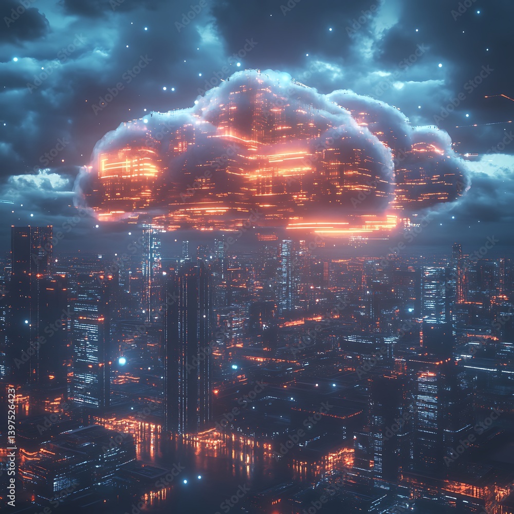 Glowing cloud of data floating above a futuristic cityscape high resolution picture
