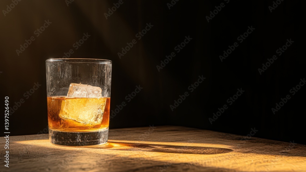 Whiskey in Rocks Glass with Ice on Wooden Surface