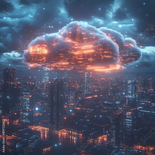 Obraz na płótnie Glowing cloud of data floating above a futuristic cityscape high resolution picture w salonie