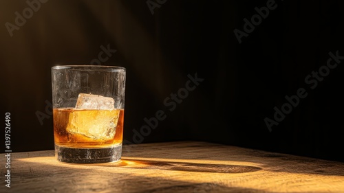 Obraz na płótnie Whiskey in Rocks Glass with Ice on Wooden Surface w salonie