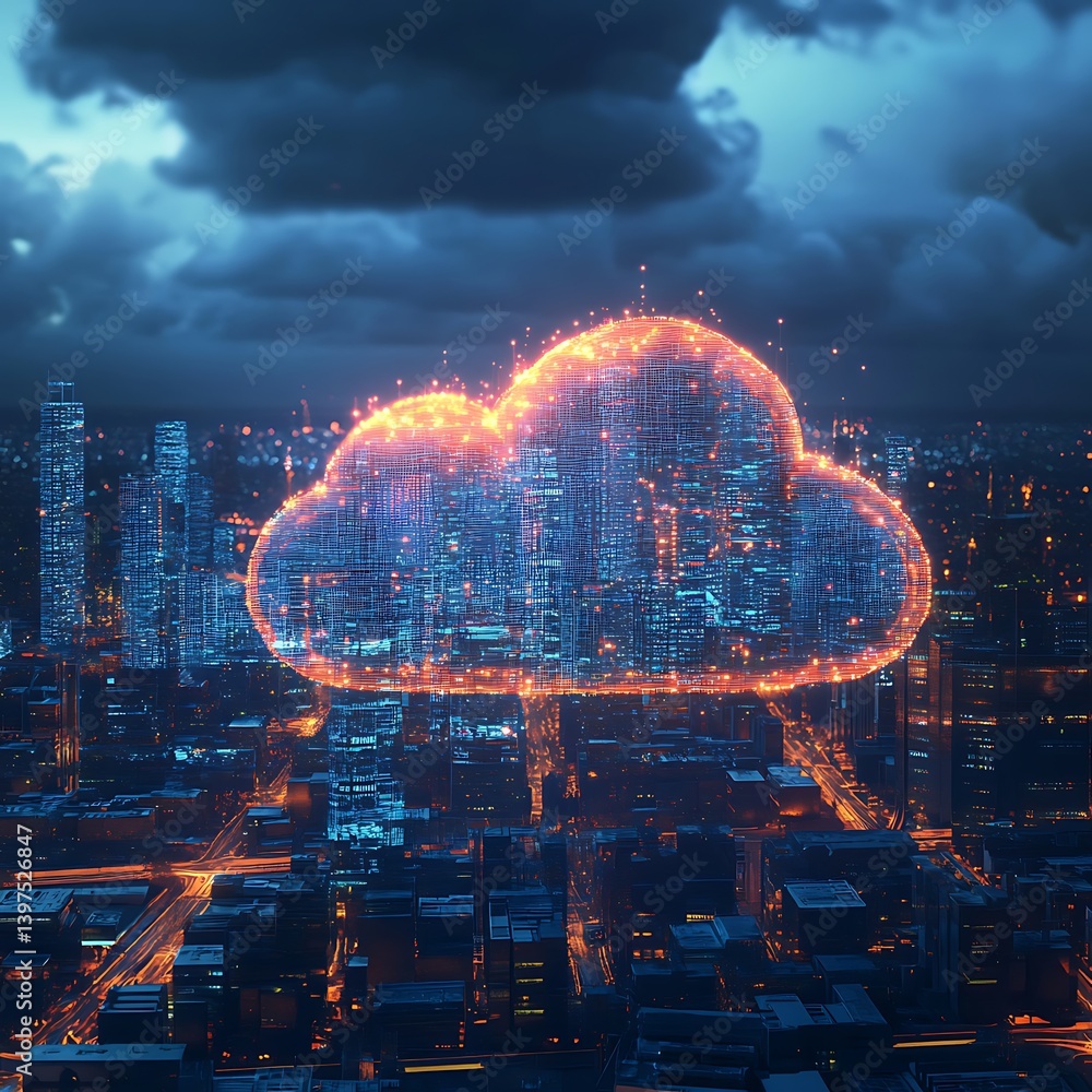 Glowing futuristic data cloud hovering over city skyline high resolution picture