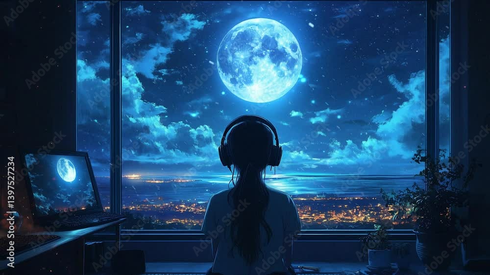 anime lo-fi girl with headphones by a large window, ocean view at night, moonlit waves, minimalistic room, soft ambient light, creative and introspective, modern digital art style