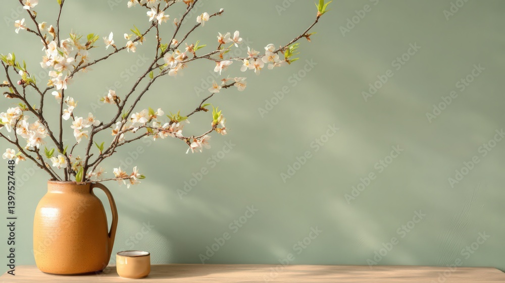 White Blossoms in Beige Vase Against Sage Green Wall