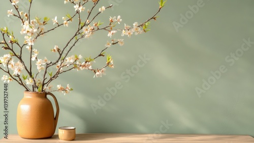 Obraz na płótnie White Blossoms in Beige Vase Against Sage Green Wall w salonie