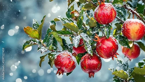 Snowy red pomegranates on a branch
