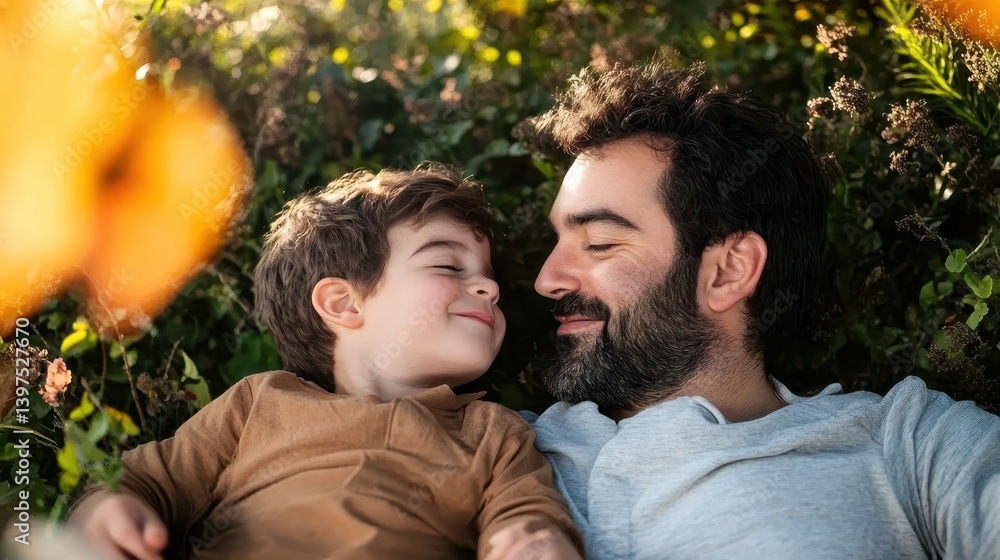 Father and son share a joyful moment surrounded by nature's beauty Father and son share a joyful moment surrounded by nature's beauty
