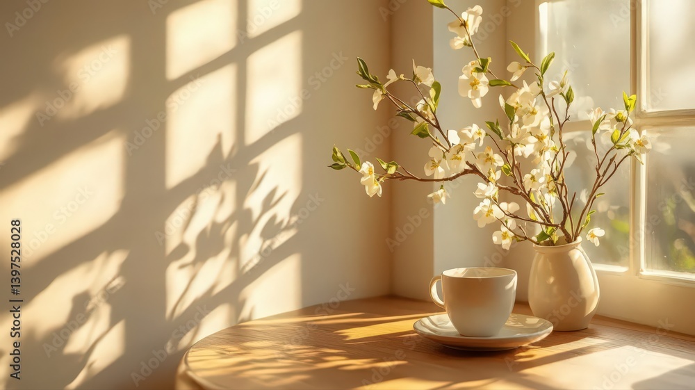 White Blossoms in Sunlight: Serene Windowsill Still Life