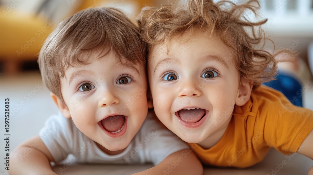 Brothers sharing joy and laughter while playing on the floor at home Brothers sharing joy and laughter while playing on the floor at home
