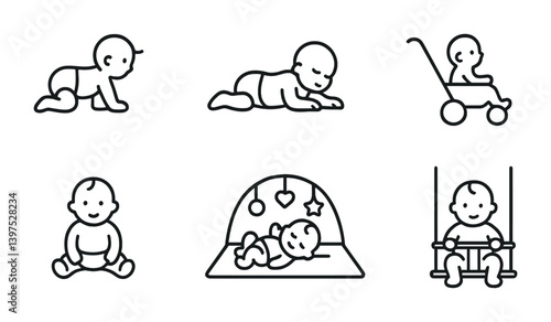 Baby activities icon set: crawling, playing, stroller, swing, flat style