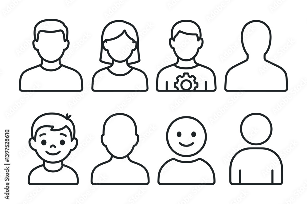 Simple linear icon set: diverse male and female faces for web and app design Simple linear icon set: diverse male and female faces for web and app design