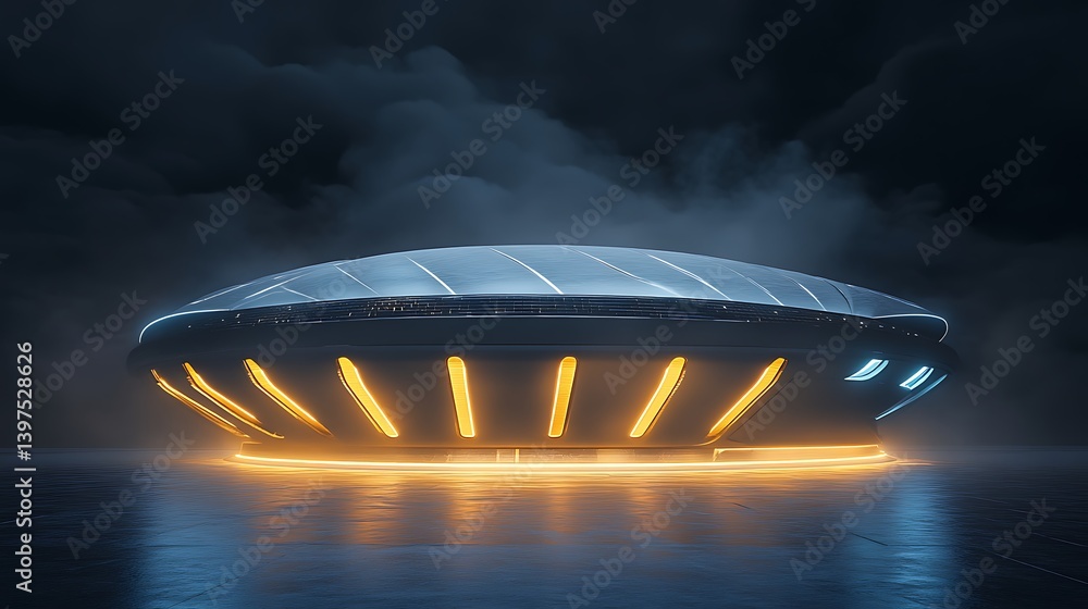 High tech stadium with futuristic glowing dome and reflective water high resolution picture