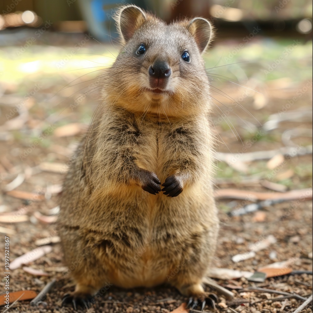 Quokka stands cheerfully on its hind legs in a natural setting on a sunny day in Australia, showcasing its friendly demeanor and curiosity Quokka stands cheerfully on its hind legs in a natural setting on a sunny day in Australia, showcasing its friendly demeanor and curiosity