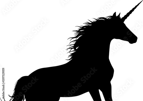 Silhouette of magic cute unicorn. Stylish icon, template, background, tattoo. Print for t-shirt. Hand drawn vector illustration, outline black on white, isolated.