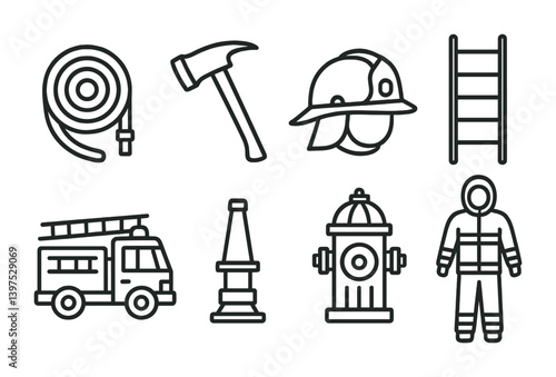 Firefighting essentials icon set: linear style with tools and equipment