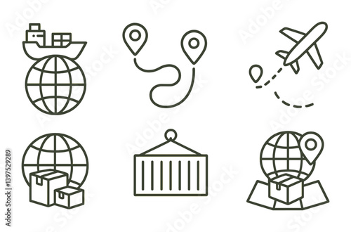 Logistics and shipping linear icon set: delivery, transport, and global trade icons collection