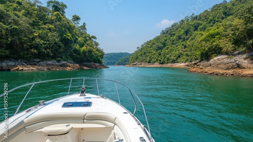 White Boat Navigating a Lush Green Tropical River Passage