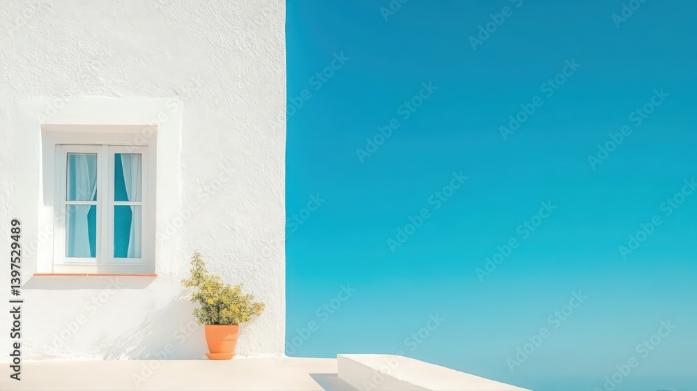 White Building Exterior with Blue Sky and Terracotta Pot