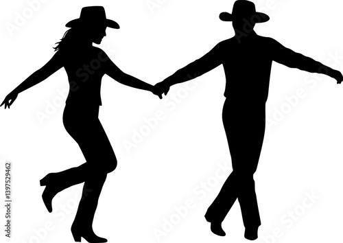 Silhouette of a couple in cowboy hats line dancing. set
