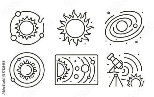 Celestial icons set: linear style astronomy and space illustrations