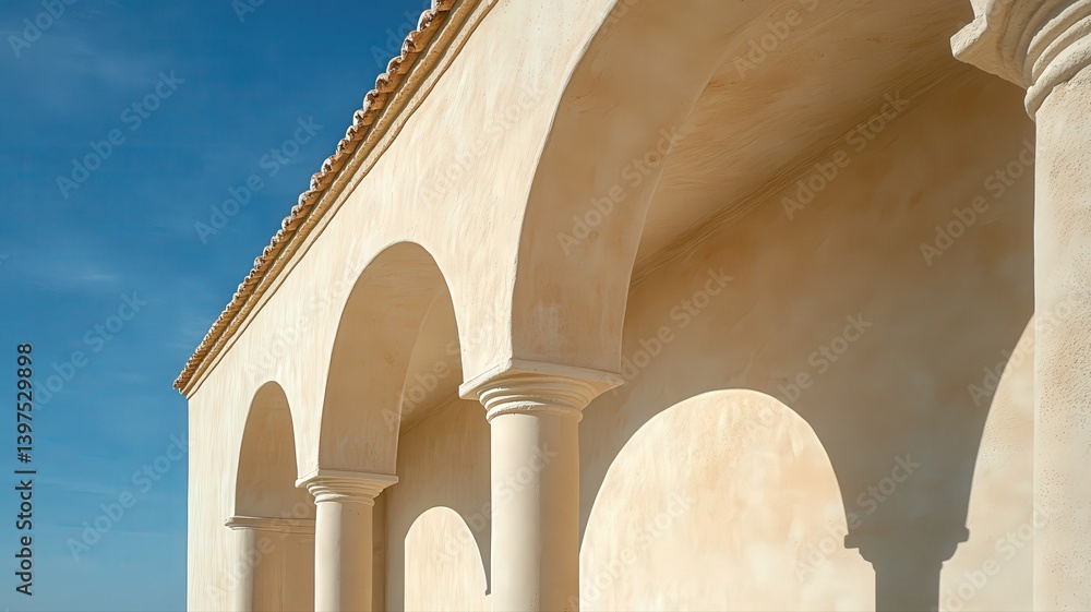 White Building with Arched Entryways and Columns Under a Blue Sky