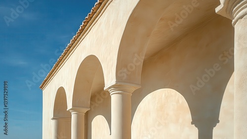 Obraz na płótnie White Building with Arched Entryways and Columns Under a Blue Sky w salonie
