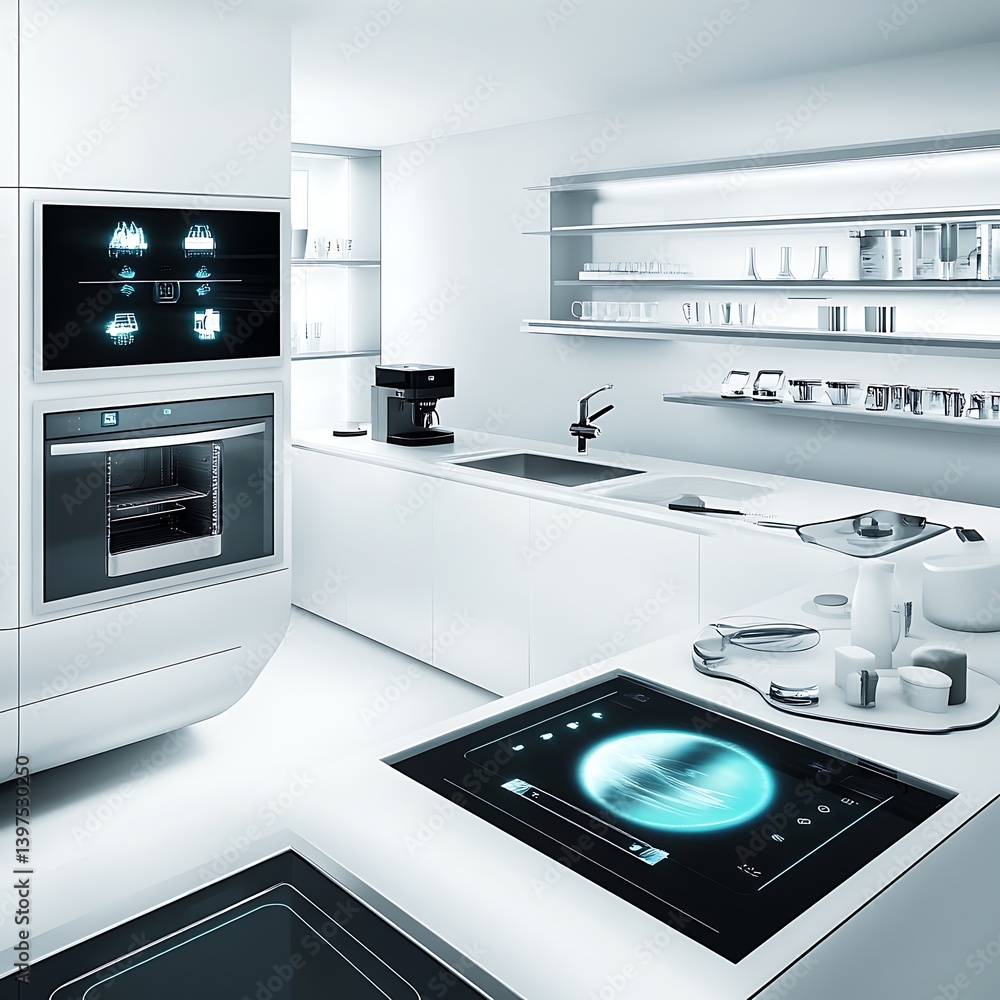 Innovative kitchen design with glowing modern appliances and decor high resolution image