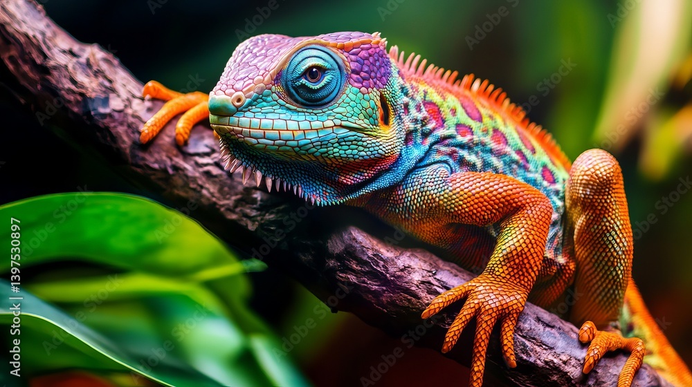 A vibrant chameleon perched on a branch surrounded by lush green foliage in a natural setting A vibrant chameleon perched on a branch surrounded by lush green foliage in a natural setting