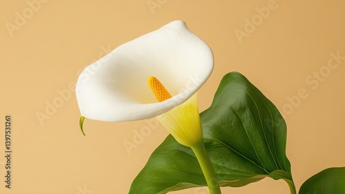 Obraz na płótnie White Calla Lily Close-up on Pale Orange Background w salonie