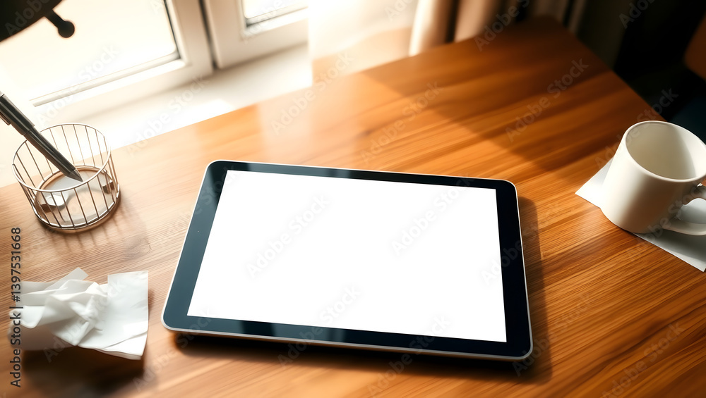 Sleek Digital Tablet Mockup Blank High-Resolution Screen on Wooden Desk