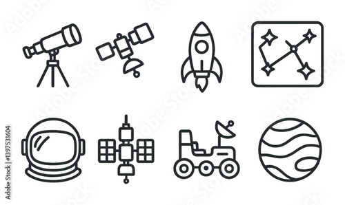 Linear space exploration icon set: telescope, satellite, rocket, constellation, astronaut, space rover