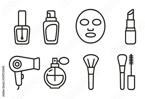 Essential beauty icons set: linear style for cosmetics and personal care artworks