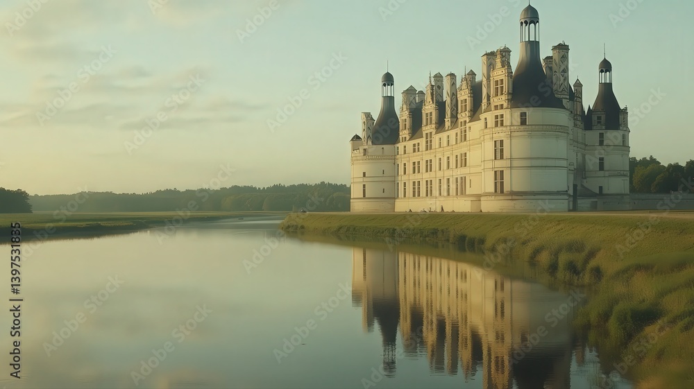 White Castle Reflected in Calm Water at Sunrise