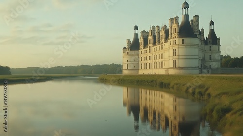 Obraz na płótnie White Castle Reflected in Calm Water at Sunrise w salonie