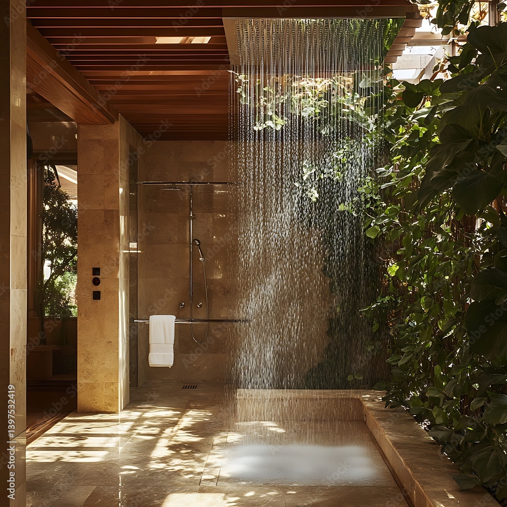 Luxurious futuristic bathroom with sculptural shower and elegant lighting high resolution picture